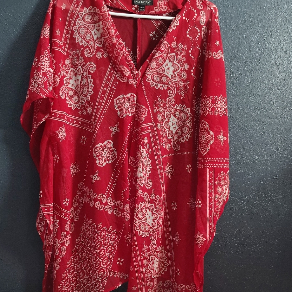 Lane Bryant Red Bandana Print V-Neck Poncho Sheer Tunic